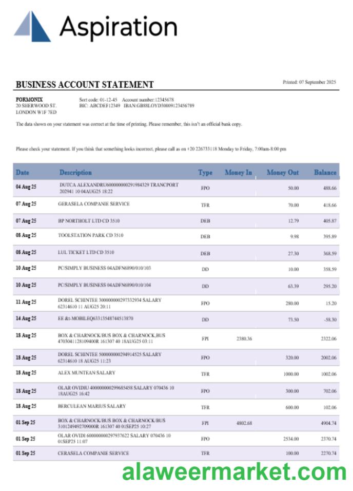 Aspiration bank business account statement Word and PDF template